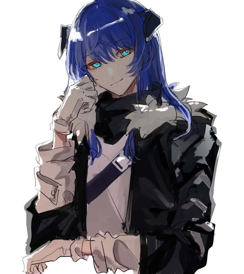 1girl absurdres arknights black_jacket blue_hair closed_mouth commentary_request demon_horns fur-trimmed_jacket fur_trim gloves hair_between_eyes head_rest highres hirako_daishougun horns jacket long_hair long_sleeves looking_at_viewer mostima_(arknights) shirt simple_background solo upper_body white_background white_gloves white_shirt