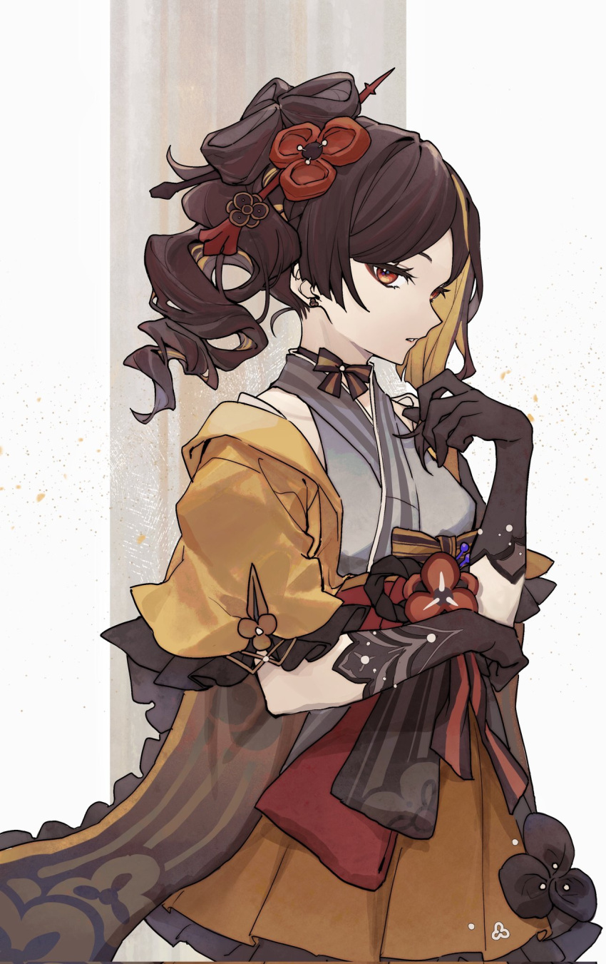 1girl aimieria black_gloves breasts brown_hair chiori_(genshin_impact) collarbone commentary cowboy_shot drill_hair drill_ponytail elbow_gloves from_side genshin_impact gloves grey_background grey_kimono hair_ornament hair_stick hand_up highres japanese_clothes kimono long_hair looking_at_viewer open_clothes open_shirt orange_skirt parted_bangs parted_lips pleated_skirt profile red_eyes shirt short_sleeves sideways_glance simple_background single_hair_ring skirt sleeveless sleeveless_kimono small_breasts solo symbol-only_commentary two-tone_background white_background yellow_shirt