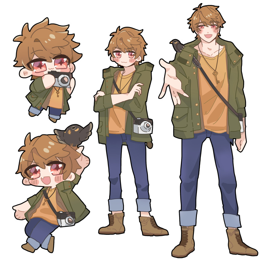 1boy :3 blue_pants brown_eyes camera chibi closed_mouth crossed_arms full_body green_jacket highres holding holding_camera jacket long_sleeves looking_at_viewer luke_pearce_(tears_of_themis) male_focus multiple_views open_mouth outstretched_arm pants remosea shirt short_hair simple_background standing tears_of_themis white_shirt yellow_shirt