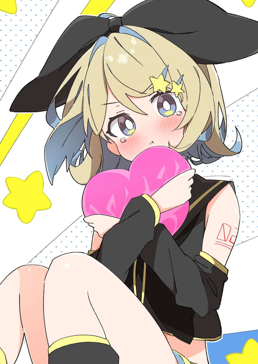 1girl :t absurdres alternate_color aqua_eyes bare_shoulders black_bow black_neckerchief black_sailor_collar black_shirt blonde_hair blush bow bright_pupils crop_top cropped_shirt crying crying_with_eyes_open ear_bow hair_bow hair_ornament hairclip head_tilt heart highres holding holding_heart kagamine_rin knees_together_feet_apart knees_up looking_at_viewer midriff neckerchief number_tattoo polka_dot polka_dot_background pout sailor_collar shirt short_hair shoulder_tattoo sitting sleeveless sleeveless_shirt solo star_(symbol) star_hair_ornament starry_background stuffed_toy tattoo tearing_up tears uruti_2388 vocaloid wavy_hair white_pupils