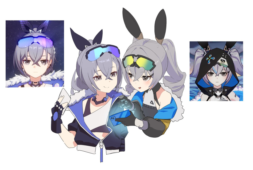 2girls animal_ears black_gloves bronya_zaychik bronya_zaychik_(haxxor_bunny) cellphone commentary drill_hair eyewear_on_head fingerless_gloves fur_trim gloves grey_eyes grey_hair hair_between_eyes highres honkai:_star_rail honkai_(series) honkai_impact_3rd in-franchise_crossover jacket johnny-chan looking_at_another multiple_girls phone ponytail rabbit_ears reference_inset silver_wolf_(honkai:_star_rail) single_bare_shoulder sunglasses symbol-only_commentary talking twin_drills twintails white_background