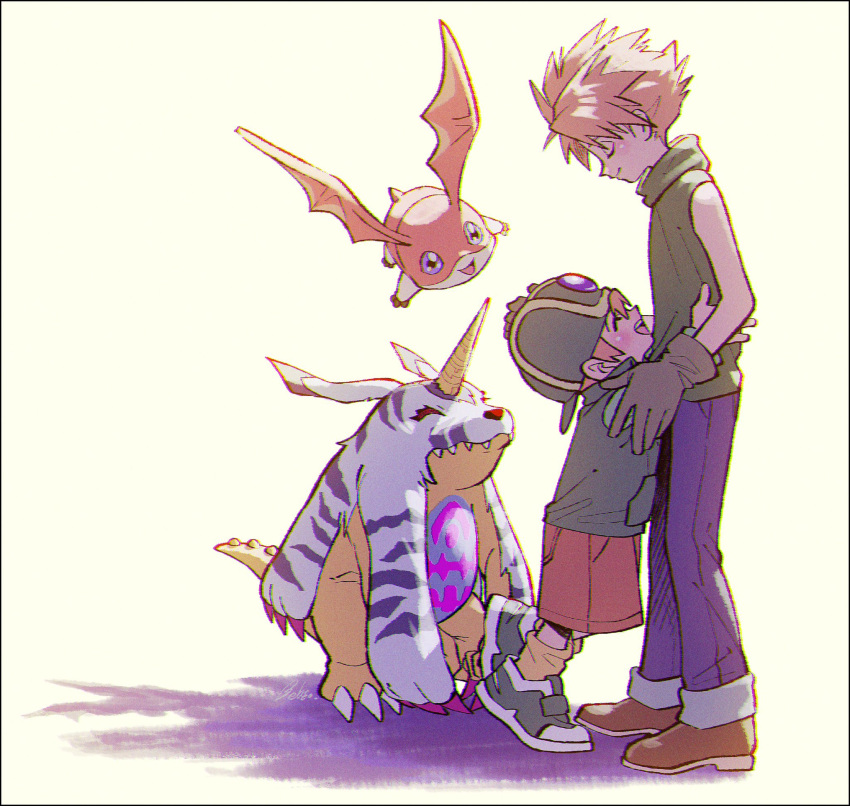 2boys ^_^ blonde_hair blue_eyes blue_pants brothers brown_shorts closed_eyes closed_mouth digimon digimon_(creature) digimon_adventure full_body gabumon gloves green_shirt hand_on_another's_head hat highres horns hug ishida_yamato kwsby_124 long_sleeves male_focus multiple_boys open_mouth pants patamon sharp_teeth shirt shoes shorts siblings simple_background single_horn sleeveless sleeveless_shirt socks spiky_hair standing takaishi_takeru teeth