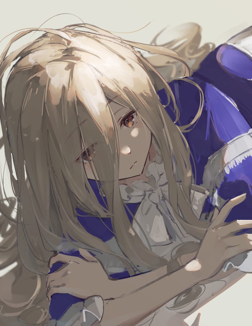1girl absurdly_long_hair absurdres blue_capelet brown_eyes brown_hair capelet commentary_request crossed_arms dutch_angle expressionless frilled_capelet frills fuunyon hair_between_eyes highres long_hair lying on_stomach sense_(sousou_no_frieren) sidelighting solo sousou_no_frieren very_long_hair