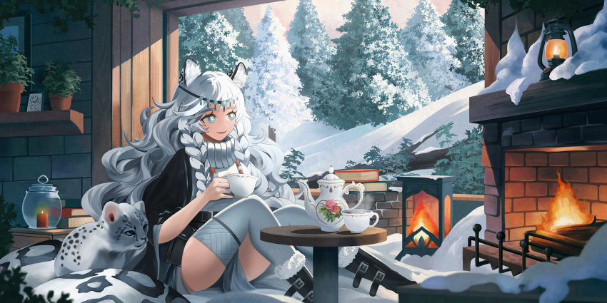 1girl animal animal_ear_fluff animal_ears arknights aseity belt blue_eyes book book_stack boots braid bright_pupils candle creature_and_personification cup day drink fire fireplace full_body head_chain highres holding holding_cup indoors knees_up long_hair looking_outside parted_lips plant potted_plant pramanix_(arknights) side_braids sitting skirt smile snow snow_leopard snow_leopard_ears snow_leopard_girl snow_leopard_tail spotted_tail steam sweater table tail teacup teapot thigh-highs twin_braids very_long_hair white_hair white_pupils wide_sleeves zettai_ryouiki