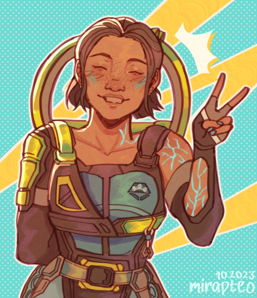 1girl ^_^ apex_legends artist_name black_gloves black_hair blue_nails blue_shirt blush closed_eyes collarbone conduit_(apex_legends) elbow_gloves electricity facing_viewer fingerless_gloves freckles gloves hair_behind_ear highres matteo_(mirapteo) nail_polish parted_lips shirt short_hair single_elbow_glove single_sleeve smile solo tagalog_commentary v