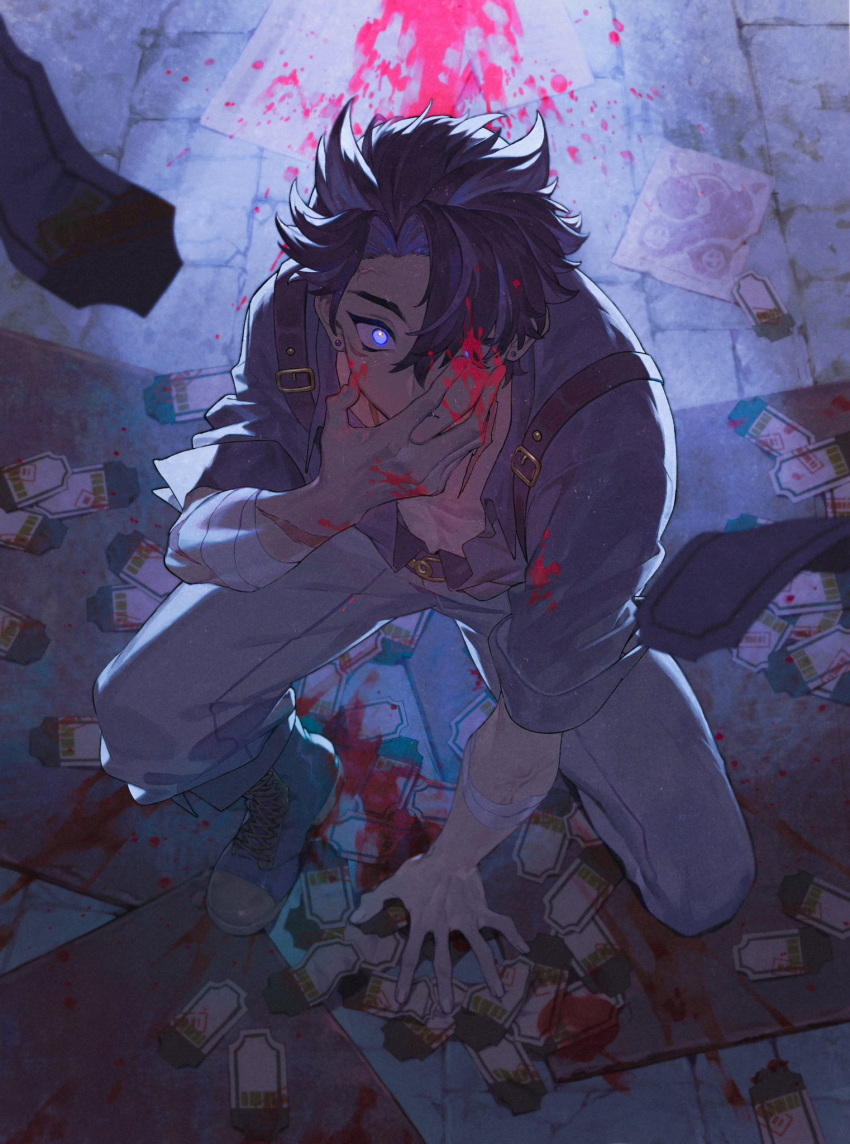 1boy almoonnn bandaged_arm bandages black_hair blood blood_in_hair blood_on_clothes blood_on_face blood_on_ground blood_on_hands blood_splatter boots genshin_impact glowing glowing_eyes hair_over_one_eye hand_on_ground hand_on_own_face highres looking_at_viewer looking_up open_clothes open_shirt pants short_hair sleeves_rolled_up solo squatting suspenders wriothesley_(genshin_impact)
