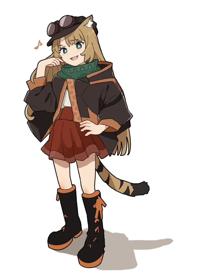 1girl :d animal_ear_fluff animal_ears arknights black_footwear black_headwear black_jacket blush boots brown_hair cabbie_hat commentary_request eighth_note fang full_body goggles goggles_on_headwear green_eyes hand_up hat highres jacket knee_boots long_hair long_sleeves looking_at_viewer musical_note parted_bangs pe3075 pleated_skirt puffy_long_sleeves puffy_sleeves red_skirt shadow shirt simple_background skirt smile solo standing swire_(arknights) tail very_long_hair white_background white_shirt