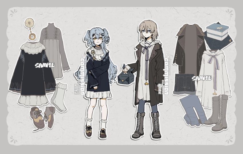 2girls absurdres bag bare_legs black_coat blue_eyes blue_hair book boots border bow box brown_footwear brown_hair chinese_commentary closed_mouth coat commission cross-laced_footwear dress fashion frilled_socks frills full_body grey_background grey_border grey_hair highres holding holding_box jacket leggings long_hair long_sleeves looking_at_viewer multiple_girls original outline pantyhose pocket_watch ribbon rokkatera sailor_collar sample_watermark shoes short_hair sleeves_past_wrists socks sweater two_side_up unworn_clothes unworn_shoes unworn_socks watch watermark white_dress white_outline white_sailor_collar white_socks yellow_eyes