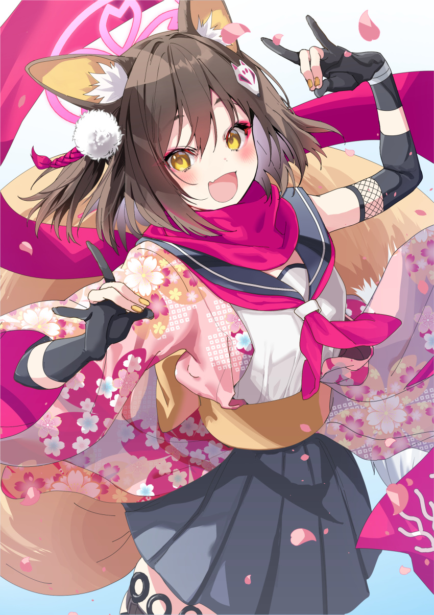 1girl absurdres animal_ear_fluff animal_ears black_sailor_collar blue_archive blush brown_hair commentary_request eyeshadow fang fingernails floral_print_kimono fox_ears fox_girl fox_mask fox_shadow_puppet fox_tail gloves hadanugi_dousa hair_ornament halo highres holster izuna_(blue_archive) japanese_clothes kimono looking_at_viewer makeup mask nail_polish neckerchief one_side_up open_mouth partially_fingerless_gloves petals pink_halo pink_kimono pink_neckerchief pink_petals pink_scarf pom_pom_(clothes) pom_pom_hair_ornament red_eyeshadow rope sailor_collar scarf shimenawa shimofuri shirt short_hair single_bare_shoulder skin_fang sleeveless sleeveless_shirt smile solo tail thigh_holster white_shirt yellow_eyes yellow_nails