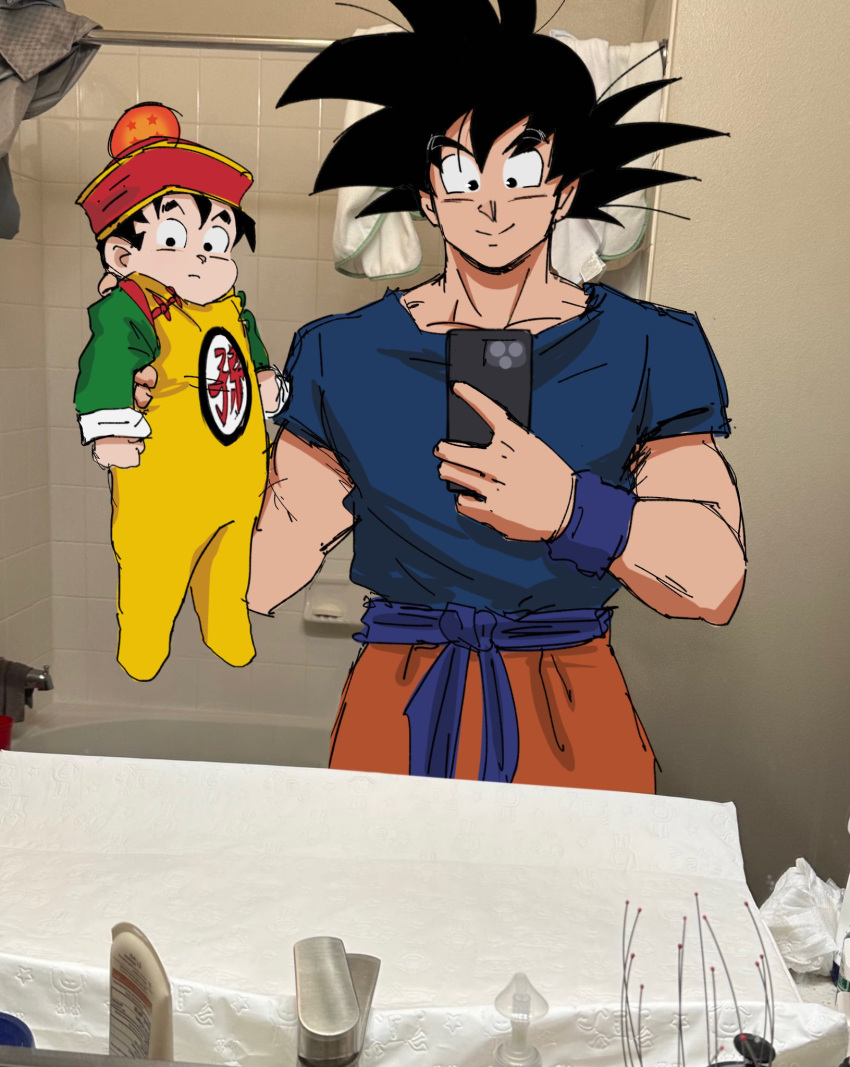 2boys bathroom bathtub black_eyes blue_shirt cellphone commentary dougi dragon_ball dragon_ball_(object) dragon_ball_z english_commentary father_and_son faucet gokutrash hand_up highres holding holding_phone indoors looking_at_viewer male_focus multiple_boys phone photo-referenced photo_background red_headwear shirt sketch smartphone smile soap_bubbles son_gohan son_goku spiky_hair squeeze_bottle upper_body