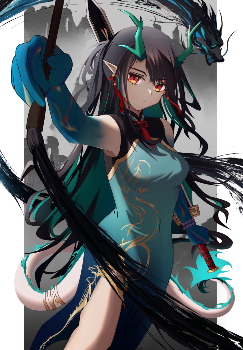absurdres arknights black_hair dragon_girl dragon_horns dragon_tail dress dusk_(arknights) dusk_(everything_is_a_miracle)_(arknights) green_horns highres holding holding_paintbrush horns long_hair mei_(meihkov) paintbrush red_eyes slit_pupils tail