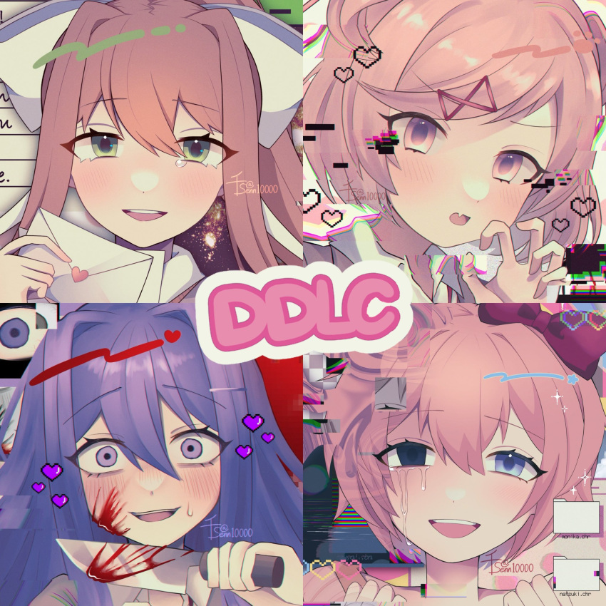 4girls blood blood_on_face blood_on_knife blue_eyes blush brown_hair crying crying_with_eyes_open doki_doki_literature_club empty_eyes fang glitch green_eyes hair_intakes hair_ornament hair_ribbon heart highres holding holding_knife holding_letter kitchen_knife knife letter long_hair love_letter monika_(doki_doki_literature_club) multiple_girls natsuki_(doki_doki_literature_club) open_mouth pink_eyes pink_hair purple_hair ribbon sayori_(doki_doki_literature_club) school_uniform senn10000 short_hair short_twintails skin_fang streaming_tears sweat sweatdrop tears twintails twitter_username uniform violet_eyes white_ribbon yuri_(doki_doki_literature_club)