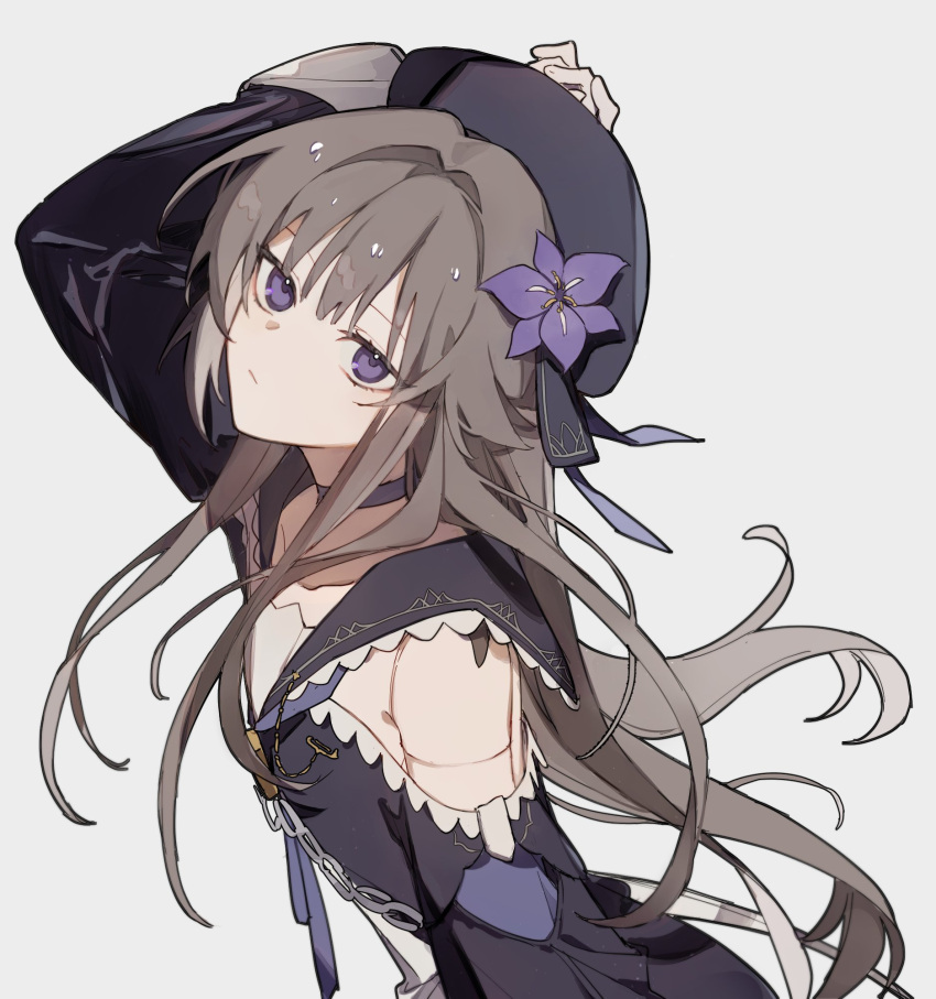 1girl arm_up beret brown_hair chain choker closed_mouth clothing_cutout commentary doll_joints ellygretta expressionless flower grey_background hair_intakes hashtag_only_commentary hat hat_flower herta_(honkai:_star_rail) highres honkai:_star_rail honkai_(series) joints long_hair long_sleeves looking_at_viewer purple_choker purple_flower purple_headwear purple_shirt shirt shoulder_cutout simple_background solo upper_body violet_eyes