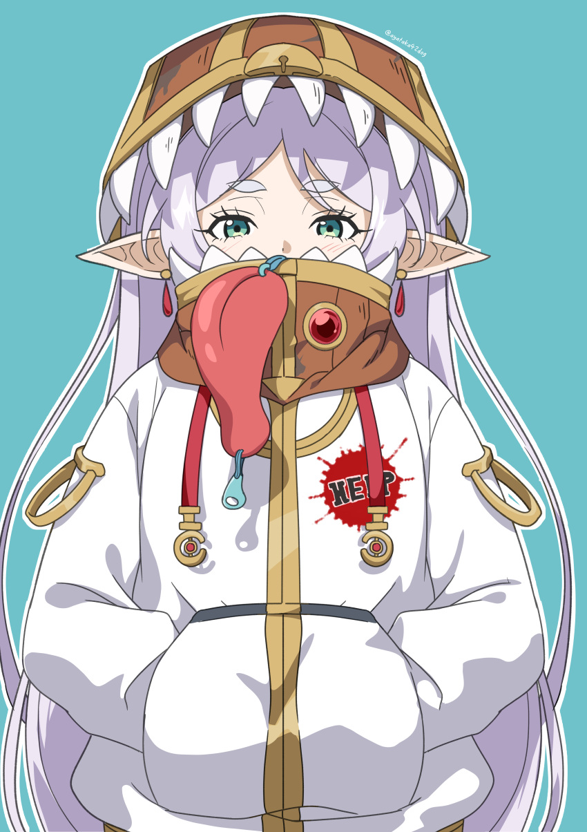 1girl absurdres alternate_costume ayataka blue_background closed_mouth commentary earrings elf frieren gold_trim green_eyes hands_in_pockets highres jacket jewelry light_blush long_hair long_sleeves mimic mimic_chest multiple_girls pointy_ears simple_background solo sousou_no_frieren thick_eyebrows tongue white_hair white_jacket