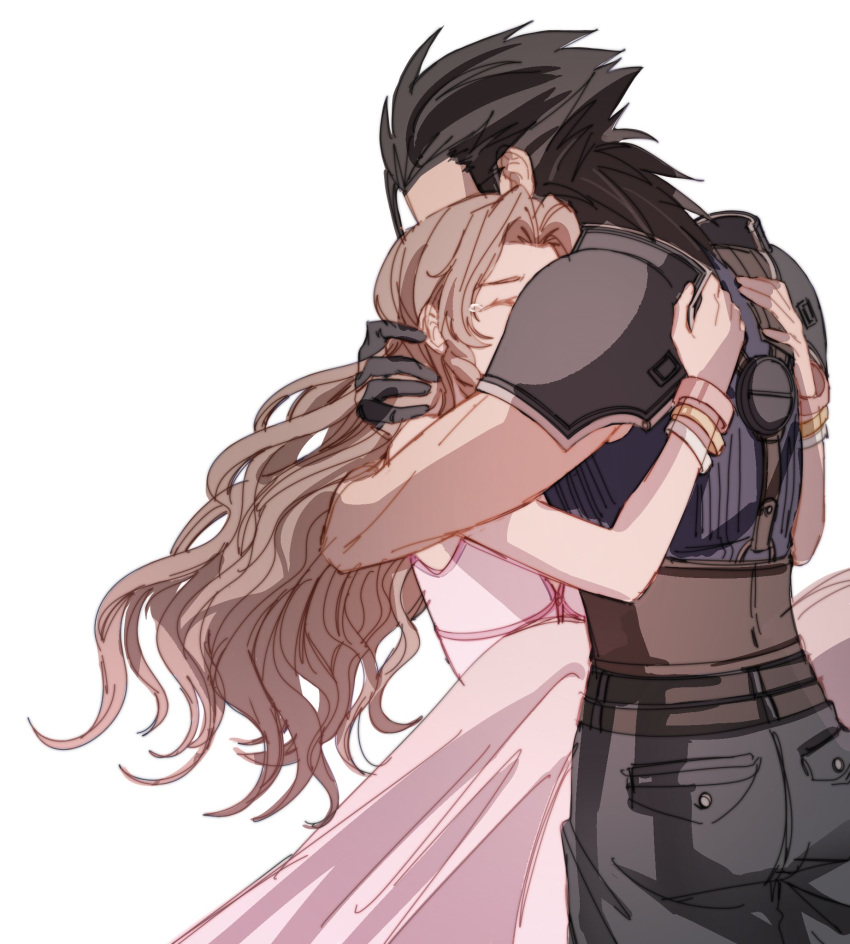 1boy 1girl aerith_gainsborough armor bangle bare_shoulders black_gloves black_hair bracelet brown_hair commentary couple cowboy_shot crisis_core_final_fantasy_vii dress final_fantasy final_fantasy_vii final_fantasy_vii_rebirth final_fantasy_vii_remake gloves hair_slicked_back hand_on_another's_head highres hug jewelry long_hair pink_dress ribbed_sweater shoulder_armor sleeveless sleeveless_dress sleeveless_turtleneck spiky_hair sweater sylvthea tears turtleneck turtleneck_sweater white_background zack_fair
