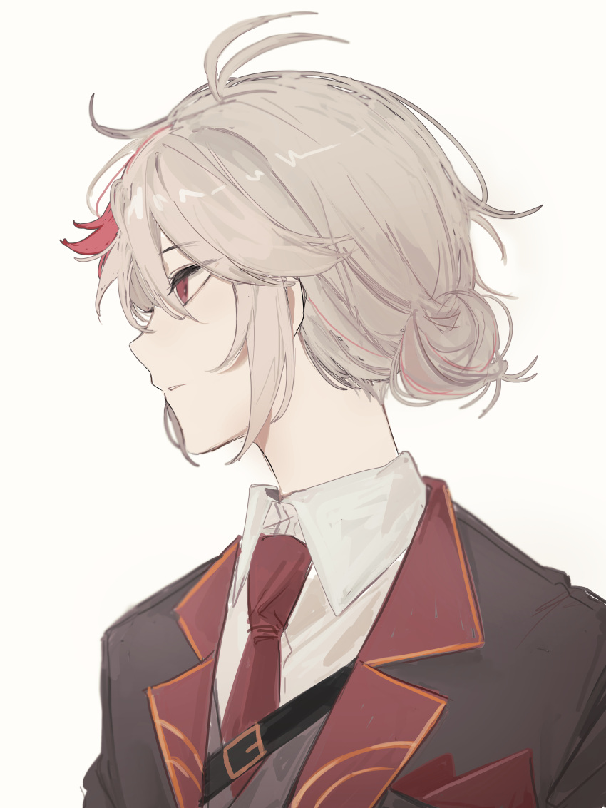 1boy absurdres collared_shirt from_side genshin_impact grey_hair hair_between_eyes hair_bun highres jacket kaedehara_kazuha male_focus mnce_o multicolored_hair necktie parted_lips profile red_eyes red_necktie redhead shirt simple_background solo streaked_hair upper_body white_background white_shirt