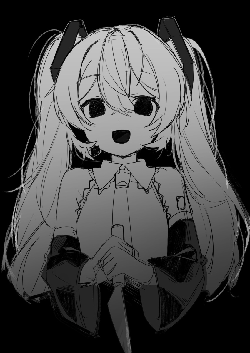 1girl :d absurdres bare_shoulders collared_shirt commentary cropped_torso detached_sleeves dot_nose empty_eyes frilled_shirt frills greyscale hair_between_eyes hair_ornament hatsune_miku highres holding holding_knife knife long_hair long_sleeves looking_at_viewer monochrome necktie number_tattoo open_mouth own_hands_together shirt sidelocks simple_background sleeveless sleeveless_shirt smile solid_eyes solo straight-on tattoo twintails vocaloid yandere yukia_1128