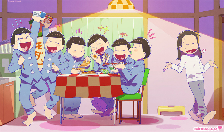 +++ 1girl 6+boys alternate_costume arm_up barefoot brothers celebration chair chopsticks egg hair_down happy happy_tears hardboiled_egg holding holding_chopsticks instant_ramen kitchen matsuno_choromatsu matsuno_ichimatsu matsuno_jyushimatsu matsuno_karamatsu matsuno_matsuyo matsuno_osomatsu matsuno_todomatsu mother_and_son multiple_boys notice_lines osomatsu-san pajamas puff_of_air sextuplets show_chiku-by shrugging siblings sitting smile table tears unworn_eyewear
