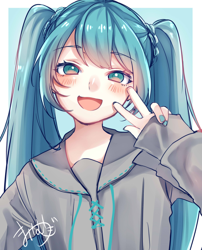 1girl :d absurdres blue_background blue_eyes blue_hair blue_nails blush border drawstring grey_sailor_collar grey_shirt hand_up hatsune_miku head_tilt highres long_hair long_sleeves looking_at_viewer mai_mugi nail_polish open_mouth outside_border portrait sailor_collar shirt sidelocks signature simple_background smile solo twintails vocaloid w white_border