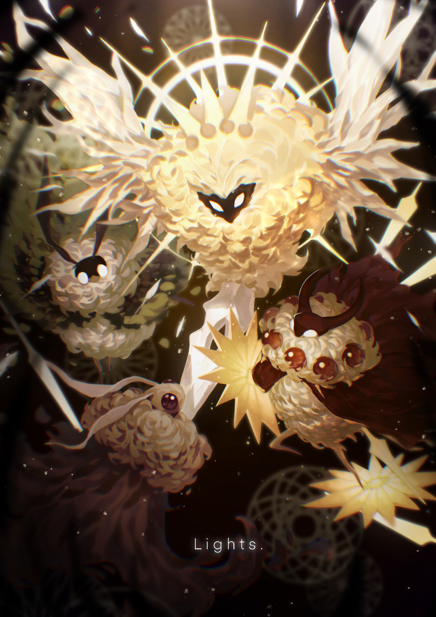 4others absurdres body_fur bozi_(labochushi) character_request chinese_commentary chromatic_aberration commentary fluffy glowing highres hollow_knight light_particles magic_circle multiple_others radiance_(hollow_knight) tagme wings