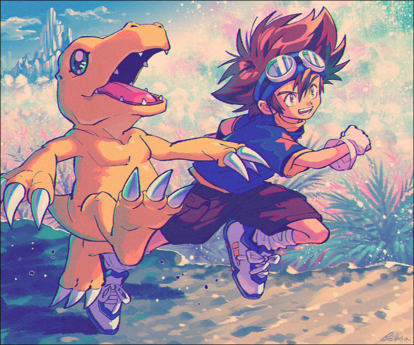 1boy agumon brown_eyes brown_hair claws clouds digimon digimon_(creature) digimon_adventure gloves goggles goggles_on_head highres kwsby_124 male_focus mountain open_mouth outdoors running sharp_teeth shoes short_sleeves shorts signature sky socks spiky_hair star_(symbol) star_print teeth white_gloves white_socks yagami_taichi