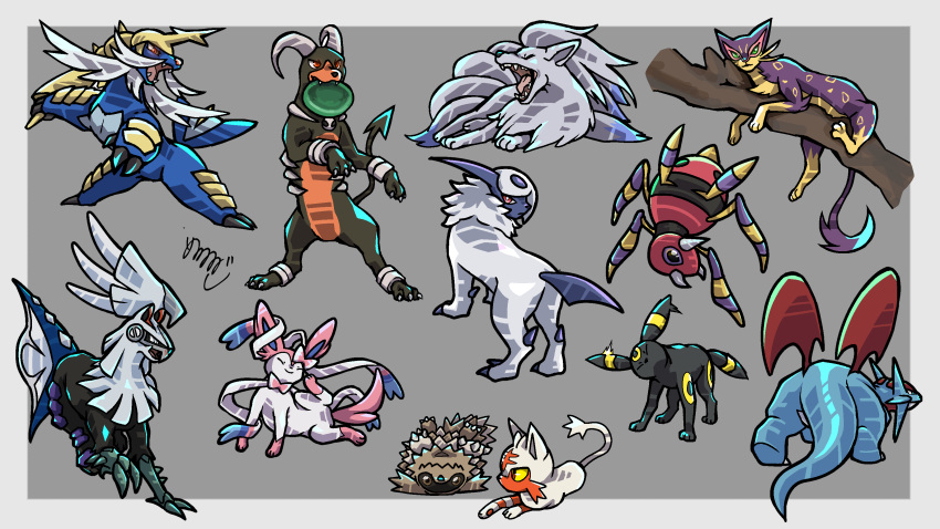 absol absurdres alolan_ninetales alternate_color ariados black_fur blue_skin border brown_eyes brown_fur bug cat claws colored_sclera colored_skin commentary_request dog facial_mark forehead_jewel forehead_mark frisbee green_eyes grey_background highres horns houndoom liepard litten meruru_gu multiple_tails no_humans open_mouth outside_border pokemon pokemon_(creature) prehensile_ribbon purple_fur red_eyes salamence samurott sharp_teeth shiny_pokemon silvally simple_background single_horn sitting sitting_on_branch snout spider standing sylveon tail teeth umbreon violet_eyes wavy_mouth whiskers white_border white_fur wings yawning yellow_sclera zigzagoon