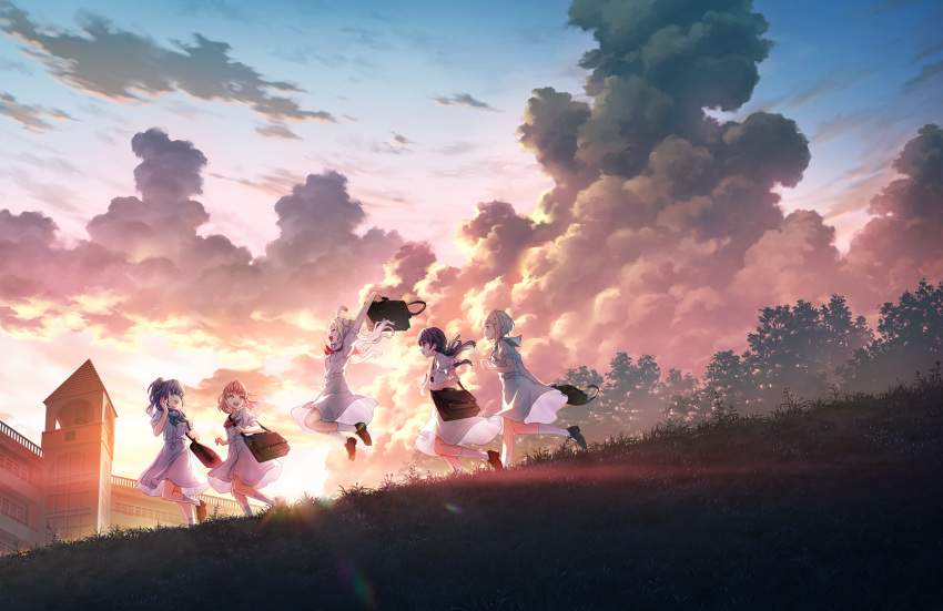 5girls ankle_socks aqua_neckerchief arms_up bag blonde_hair blue_eyes blue_hair blue_ribbon brown_footwear building choker closed_eyes closed_mouth clouds cloudy_sky dark_blue_hair dress from_side game_cg grass green_eyes hair_flowing_over hair_ornament hair_ribbon hasu_no_sora_school_uniform highres hinoshita_kaho holding holding_bag holding_strap jumping lens_flare link!_like!_love_live! loafers long_hair looking_at_another love_live! low_twintails medium_hair multicolored_hair multiple_girls murano_sayaka neckerchief official_art open_mouth orange_hair osawa_rurino otomune_kozue parted_bangs purple_hair red_eyes red_neckerchief redhead ribbon running sailor_collar school_bag school_uniform shoes short_hair short_sleeves shoulder_bag side_ahoge side_ponytail sidelocks sky socks star_(symbol) star_hair_ornament streaked_hair summer_uniform sunset third-party_source tree twintails white_dress white_hair white_sailor_collar white_socks wide_shot yugiri_tsuzuri