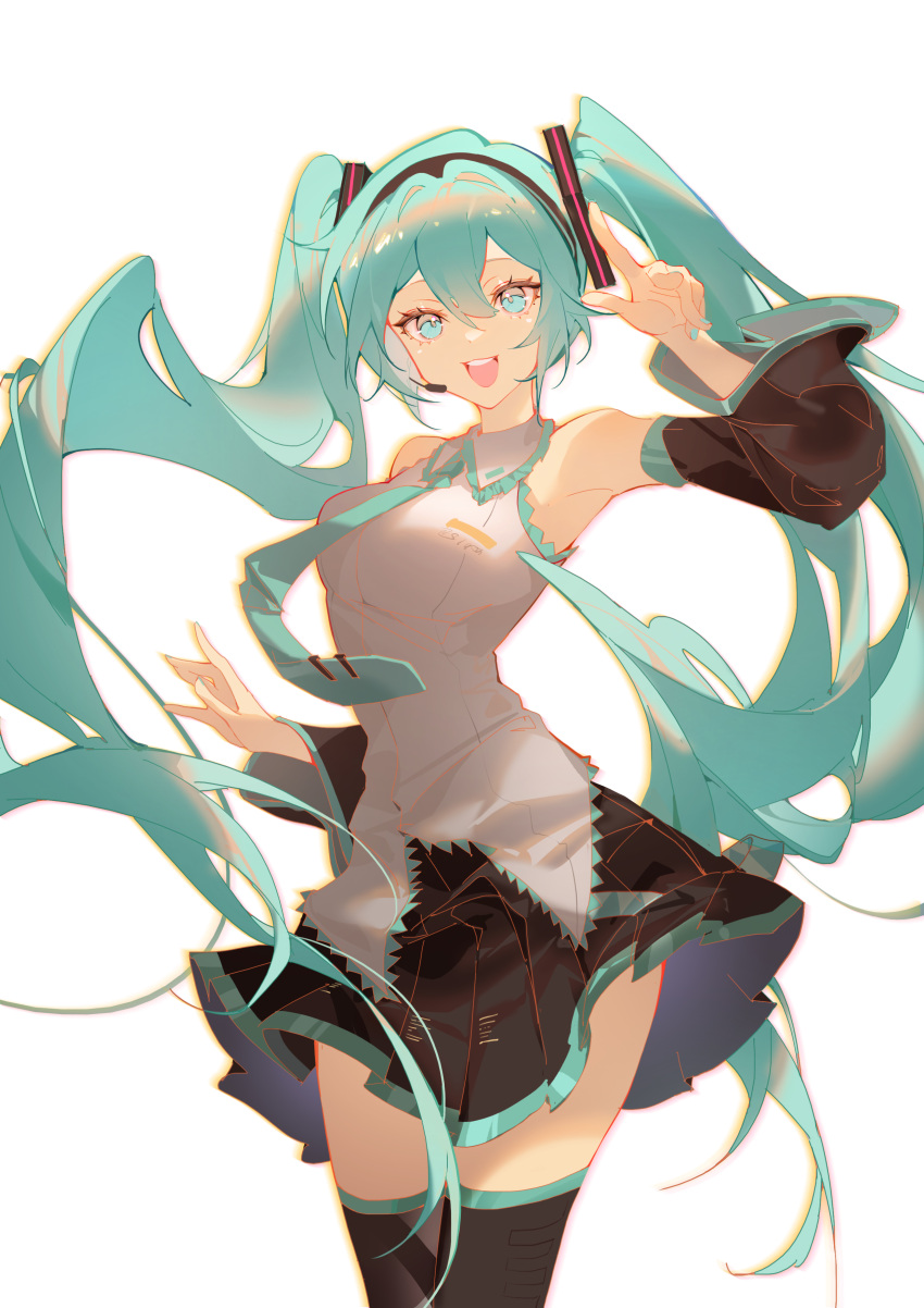1girl :d absurdres black_skirt black_thighhighs blue_eyes blue_hair blue_nails blue_necktie breasts collared_shirt cowboy_shot floating_hair frilled_shirt frills hair_between_eyes hand_up hatsune_miku highres indai_(3330425) large_breasts legs_together looking_at_viewer microphone miniskirt nail_polish necktie open_mouth pleated_skirt shirt simple_background skirt sleeveless sleeveless_shirt smile solo teeth thigh-highs thighs tie_clip upper_teeth_only vocaloid white_background white_shirt zettai_ryouiki