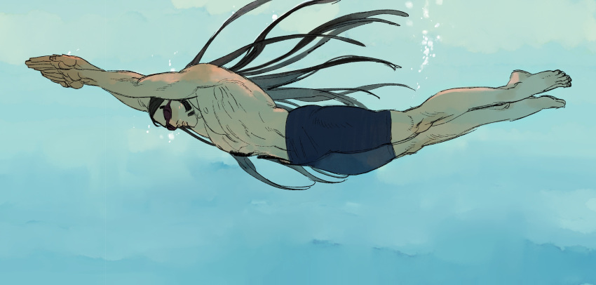 1boy air_bubble black_hair blue_background bubble chengongzi123 commentary goggles golden_kamuy highres long_hair male_focus male_swimwear oosawa_fusatarou sideburns swim_goggles swim_trunks swimming symbol-only_commentary toned toned_male topless_male underwater very_long_hair