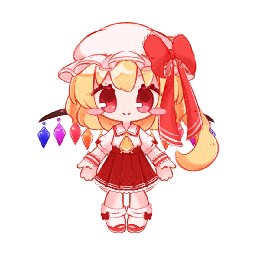 1girl ascot blonde_hair blush_stickers chibi closed_mouth collared_shirt crystal crystal_wings flandre_scarlet hat highres inukkomaru looking_at_viewer mob_cap multicolored_wings outstretched_arms pleated_skirt puffy_short_sleeves puffy_sleeves red_eyes red_footwear red_skirt ribbon shirt short_hair short_sleeves side_ponytail simple_background skirt smile socks solo spread_arms standing touhou white_background white_headwear white_shirt white_socks wings yellow_ascot