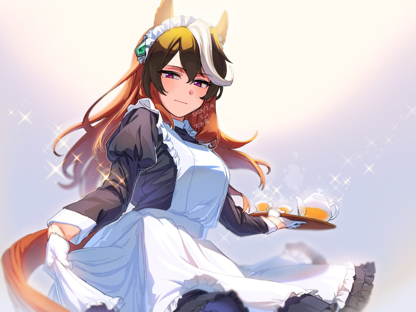 1girl alternate_costume animal_ears apron artist_name black_dress blurry breasts brown_hair closed_mouth cup dated depth_of_field dress enmaided gloves half-closed_eyes highres holding holding_tray horse horse_ears horse_girl horse_tail juliet_sleeves long_hair long_sleeves looking_at_viewer maid maid_apron maid_headdress multicolored_hair omotil puffy_sleeves skirt_hold small_breasts smile solo sparkle streaked_hair symboli_rudolf_(umamusume) tail teacup teapot tray umamusume upper_body violet_eyes watermark white_gloves
