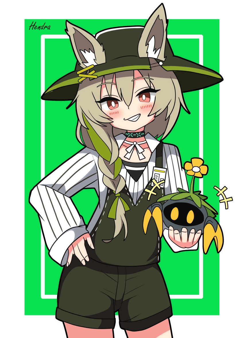 1girl :d absurdres animal_ears arknights beanstalk_(arknights) blush border collarbone collared_shirt commentary_request contrapposto fox_ears fox_girl green_background green_hair green_headwear green_overalls green_shorts grin hair_between_eyes hair_over_shoulder hand_on_own_hip hat head_tilt hendra highres id_card infection_monitor_(arknights) inset_border legs_apart long_hair long_sleeves looking_at_viewer low-braided_long_hair low-tied_long_hair metal_crab_(arknights) multicolored_hair neck_ribbon open_collar open_mouth pinstripe_pattern pinstripe_shirt red_eyes ribbon shirt shorts signature simple_background sleeves_past_wrists smile solo teeth two-tone_hair white_border white_ribbon white_shirt