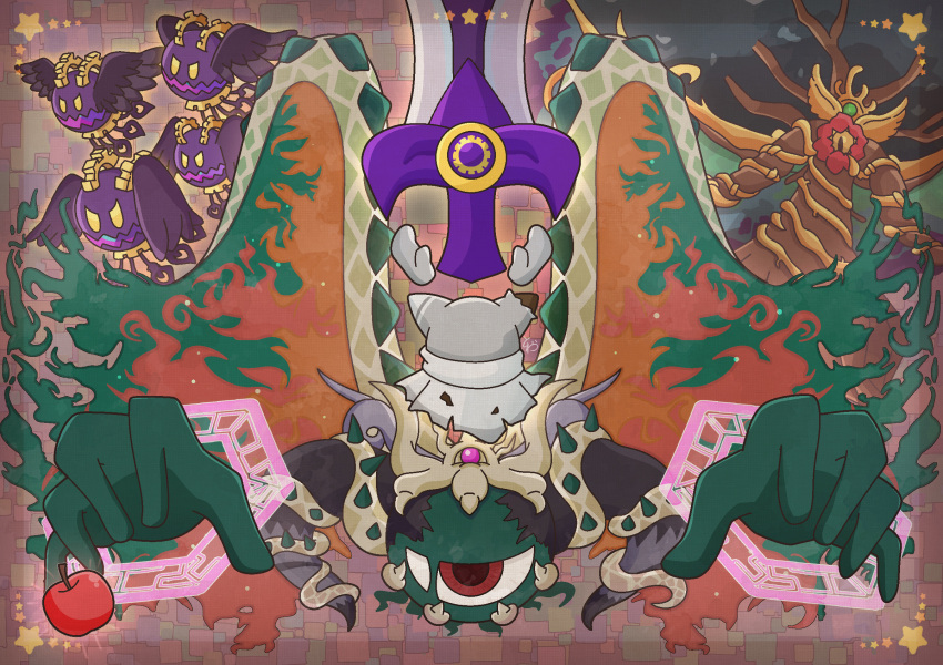apple crown doomer_(kirby) dual_persona food fruit gear_print gloves grey_gloves highres huge_weapon kirby's_return_to_dream_land_deluxe kirby_(series) magolor magolor_epilogue magolor_soul master_crown master_crown_(tree) no_humans one-eyed rayman_limbs spoilers star_(symbol) torn_clothes towara6316 tree ultra_sword weapon wings