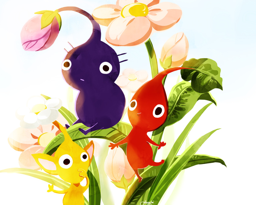absurdres artist_name black_eyes blue_background bud closed_mouth colored_skin commentary english_commentary flower gradient_background hand_on_own_face highres leaf light_frown no_mouth pikmin_(creature) pikmin_(series) pink_flower pointy_ears pointy_nose purple_hair purple_pikmin purple_skin red_pikmin red_skin short_hair simple_background sitting sonia_lai very_short_hair white_background white_flower yellow_pikmin yellow_skin