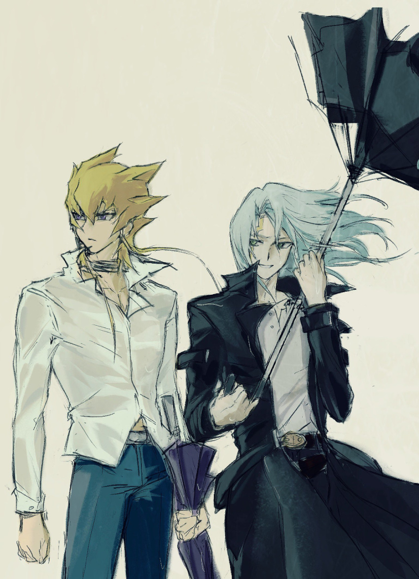 2boys alternate_costume belt belt_buckle black_choker black_coat blonde_hair blue_pants buckle choker clenched_hand coat collared_shirt dangle_earrings dress_shirt earrings facial_mark facial_tattoo green_eyes grey_hair grin hands_up high_collar highres holding holding_umbrella jack_atlas jewelry kiryuu_kyousuke long_hair looking_at_another looking_to_the_side male_focus multiple_boys open_clothes open_coat outdoors pants serious shirt short_hair_with_long_locks smile tattoo toyaru66 umbrella upper_body violet_eyes wet wet_clothes wet_shirt white_shirt wind yellow_background yu-gi-oh! yu-gi-oh!_5d's