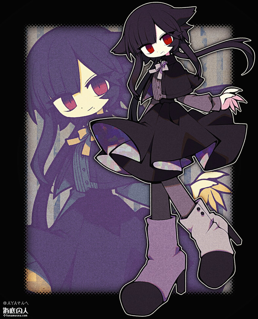 1girl animal_ears artist_name black_border black_capelet black_hair black_skirt boots border buttons capelet closed_mouth colored_skin commission commissioner_name ears_down funamusea_(artist) grey_pantyhose grey_shirt highres looking_to_the_side low_twintails mole mole_under_mouth original outline pantyhose red_eyes ribbon shirt sidelocks skeb_commission skirt smile solo striped_clothes striped_shirt twintails vertical-striped_clothes vertical-striped_shirt web_address white_footwear white_outline white_ribbon white_skin zoom_layer