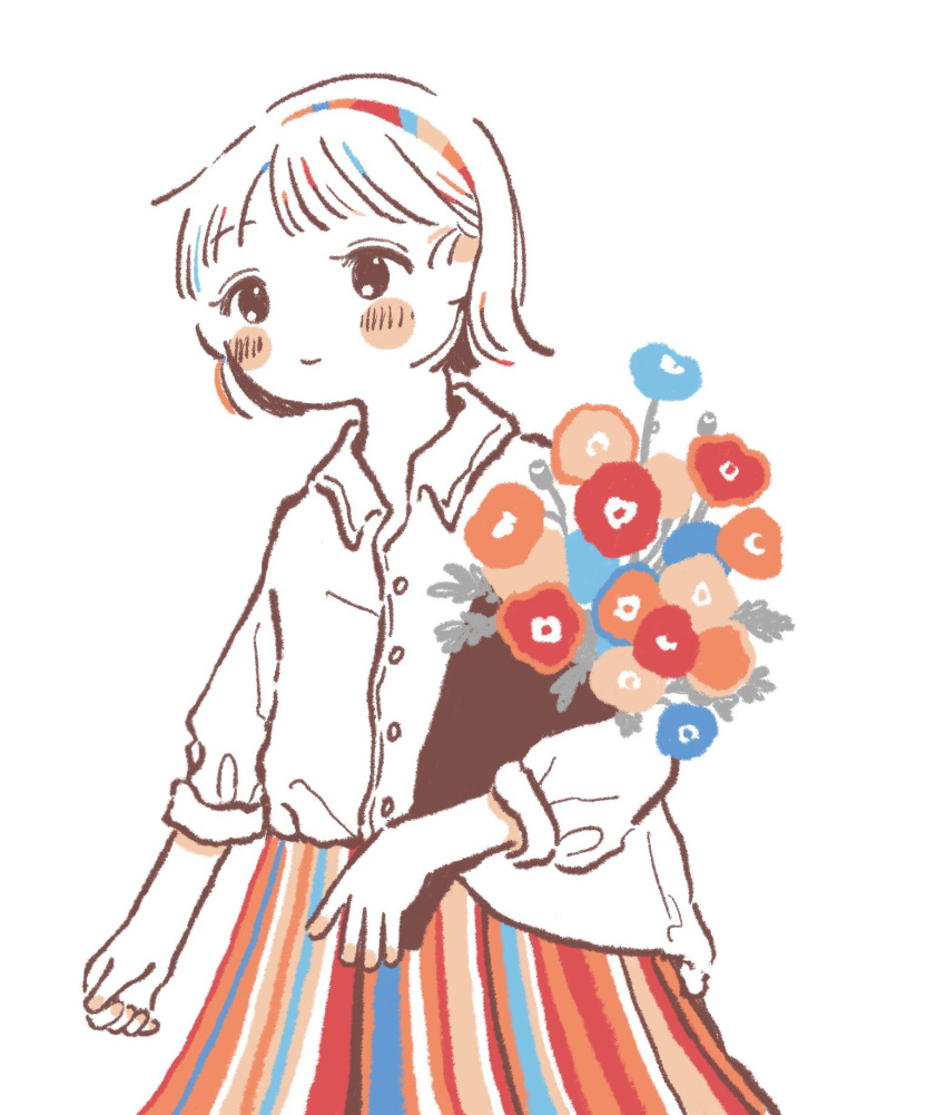 1girl arm_at_side black_eyes blue_flower blue_skirt blush_stickers bouquet closed_mouth collared_shirt cowboy_shot flower high-waist_skirt highres holding holding_bouquet hugging_object humi_natsu long_sleeves looking_ahead multicolored_clothes multicolored_skirt orange_flower orange_skirt original red_flower red_skirt shirt shirt_tucked_in short_hair sidelocks simple_background skirt smile solo white_background white_hair white_shirt white_skirt wispy_bangs