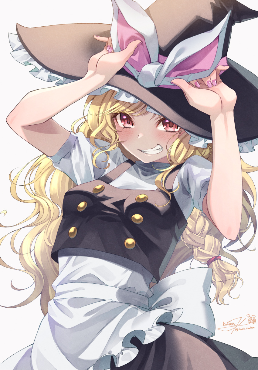 1girl absurdres apron arms_up artist_name black_shirt black_skirt blonde_hair blush bow braid buttons commentary_request fingernails frilled_apron frilled_hat frills grin hands_up hat highres kirisame_marisa konosuko_(knsk_kwkm) long_hair long_skirt looking_at_viewer nail nail_polish orange_eyes partial_commentary pinching pink_bow pink_nails shirt short_sleeves signature simple_background single_braid skirt smile solo touhou twitter_username two-tone_bow two-tone_eyes unfinished_dream_of_all_living_ghost white_apron white_background white_bow witch witch_hat
