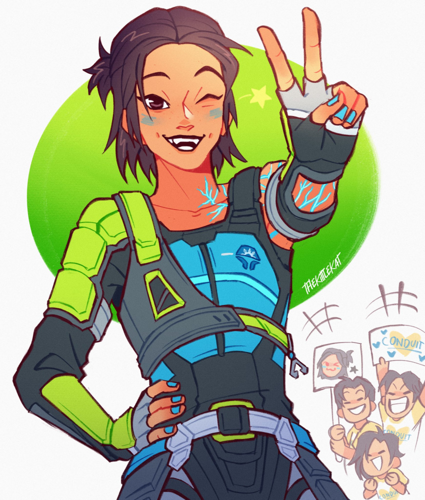 1girl 3boys apex_legends artist_name black_gloves black_hair blue_nails blue_shirt brown_eyes character_name collarbone conduit_(apex_legends) dark-skinned_female dark-skinned_male dark_skin electricity english_commentary fingerless_gloves gloves hand_on_own_hip highres holding holding_sign looking_at_viewer multiple_boys one_eye_closed shirt short_hair sign smile solo_focus thekittlekat v
