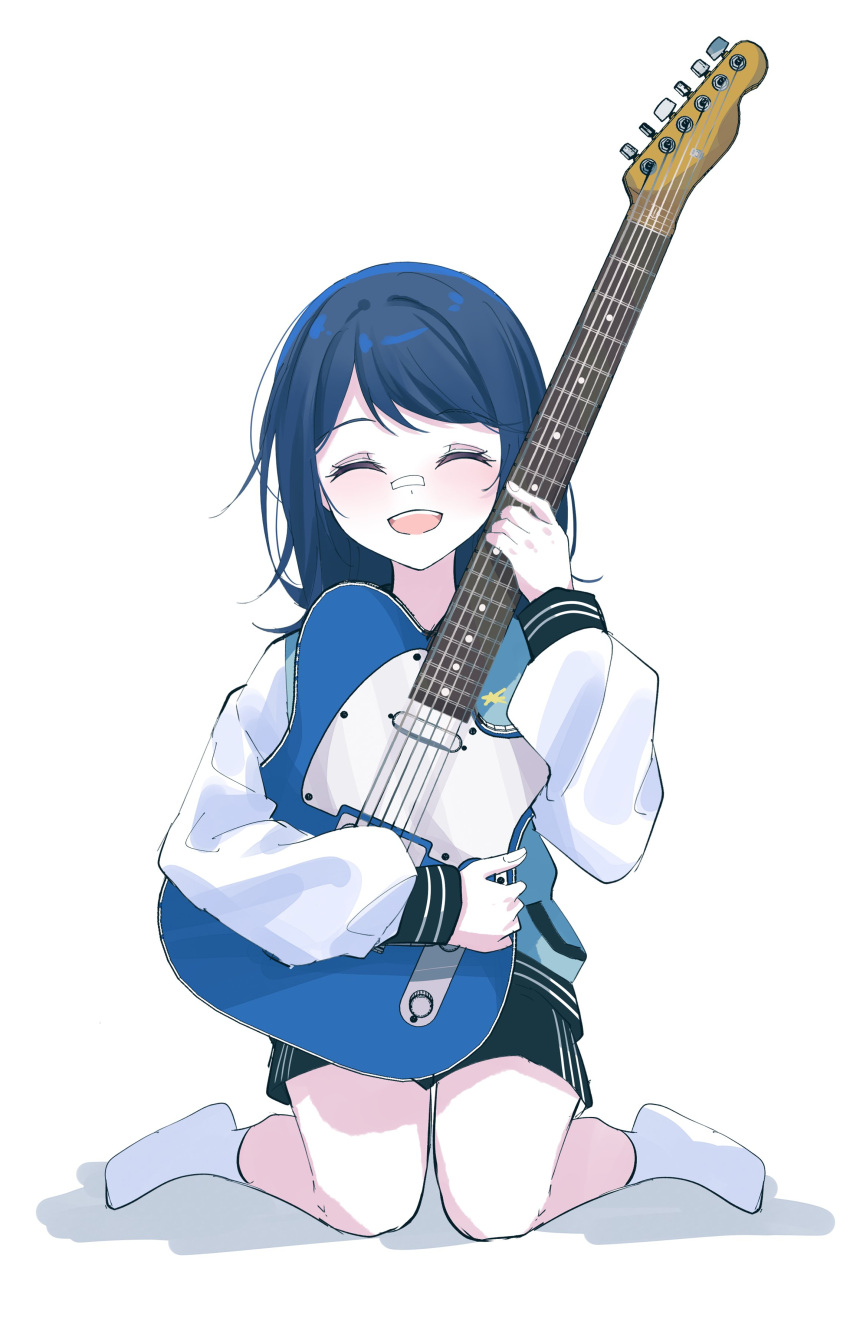 1girl :d absurdres aged_down bandaid bandaid_on_face bandaid_on_nose black_shorts blue_hair blue_jacket blush closed_eyes dot_nose electric_guitar facing_viewer fender_telecaster full_body guitar highres holding holding_instrument hoshino_ichika_(project_sekai) instrument jacket letterman_jacket long_sleeves medium_hair no_shoes open_mouth project_sekai ritzchrono shorts sidelocks simple_background sitting sleeve_cuffs smile socks solo swept_bangs teeth upper_teeth_only wariza white_background white_jacket white_socks