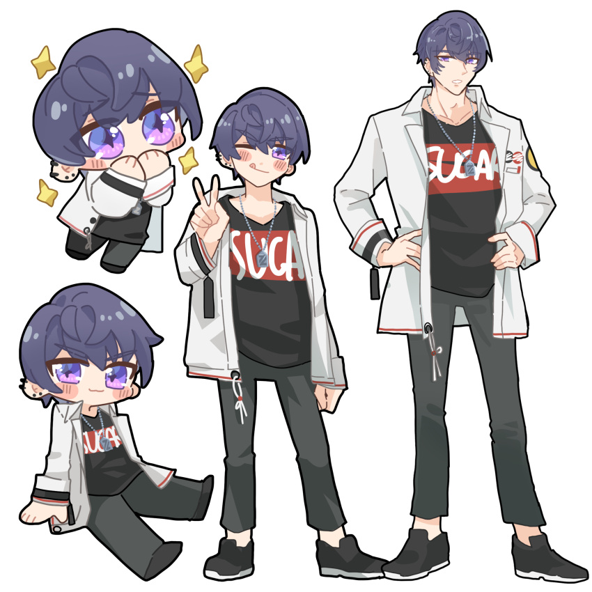 1boy ;) black_footwear black_pants chibi dog_tags earrings full_body hands_on_own_hips highres jacket jewelry long_sleeves looking_at_viewer male_focus marius_von_hagen_(tears_of_themis) multiple_views one_eye_closed outstretched_arm pants purple_hair remosea short_hair simple_background smile standing tears_of_themis v violet_eyes white_background white_jacket