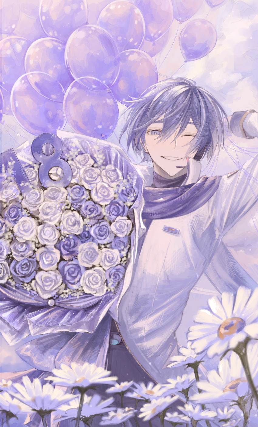 1boy absurdres arm_up balloon birthday blue_eyes blue_flower blue_hair blue_rose blue_scarf bouquet coat commentary daisy flower hair_between_eyes headphones highres holding holding_balloon holding_bouquet ill_0619 kaito_(vocaloid) looking_at_viewer male_focus microphone one_eye_closed pants rose scarf short_hair smile solo symbol-only_commentary upper_body vocaloid white_coat white_flower white_rose