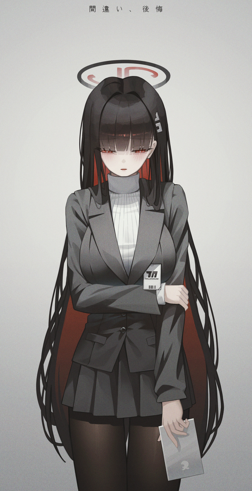 1girl absurdres aspih_sp black_hair black_jacket black_pantyhose black_skirt blue_archive breasts grey_background hair_ornament hairpin highres jacket large_breasts long_hair pantyhose pleated_skirt red_eyes rio_(blue_archive) skirt sweater turtleneck turtleneck_sweater very_long_hair