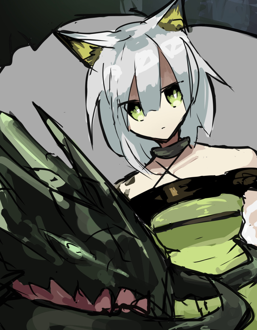 1girl animal_ear_fluff animal_ears arknights bare_shoulders cat_ears closed_mouth dress expressionless green_dress green_eyes grey_hair highres kal'tsit_(arknights) looking_at_viewer material_growth mon3tr_(arknights) monster off-shoulder_dress off-shoulder_jacket off_shoulder oripathy_lesion_(arknights) short_hair upper_body user_mvyy7457