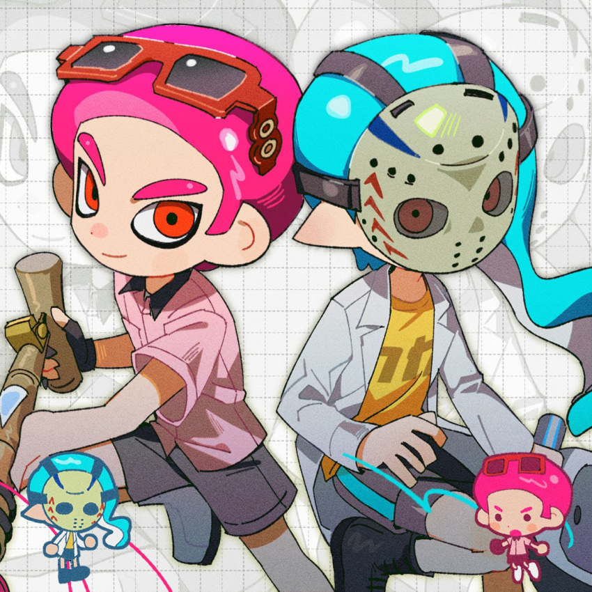 1boy 1girl afro bamboozler_14_(splatoon) black_shorts bloblobber_(splatoon) blue_hair chibi chibi_inset closed_mouth commentary eyewear_on_head grid_background gun hg_swdiary highres holding holding_gun holding_weapon inkling inkling_girl inkling_player_character long_hair mask octoling octoling_boy octoling_player_character orange_hair pink_hair pink_shirt pointy_ears print_shirt red-framed_eyewear red_eyes shirt short_hair shorts smile splatoon_(series) splatoon_3 sunglasses symbol-only_commentary tentacle_hair thick_eyebrows weapon white_background yellow_shirt zoom_layer