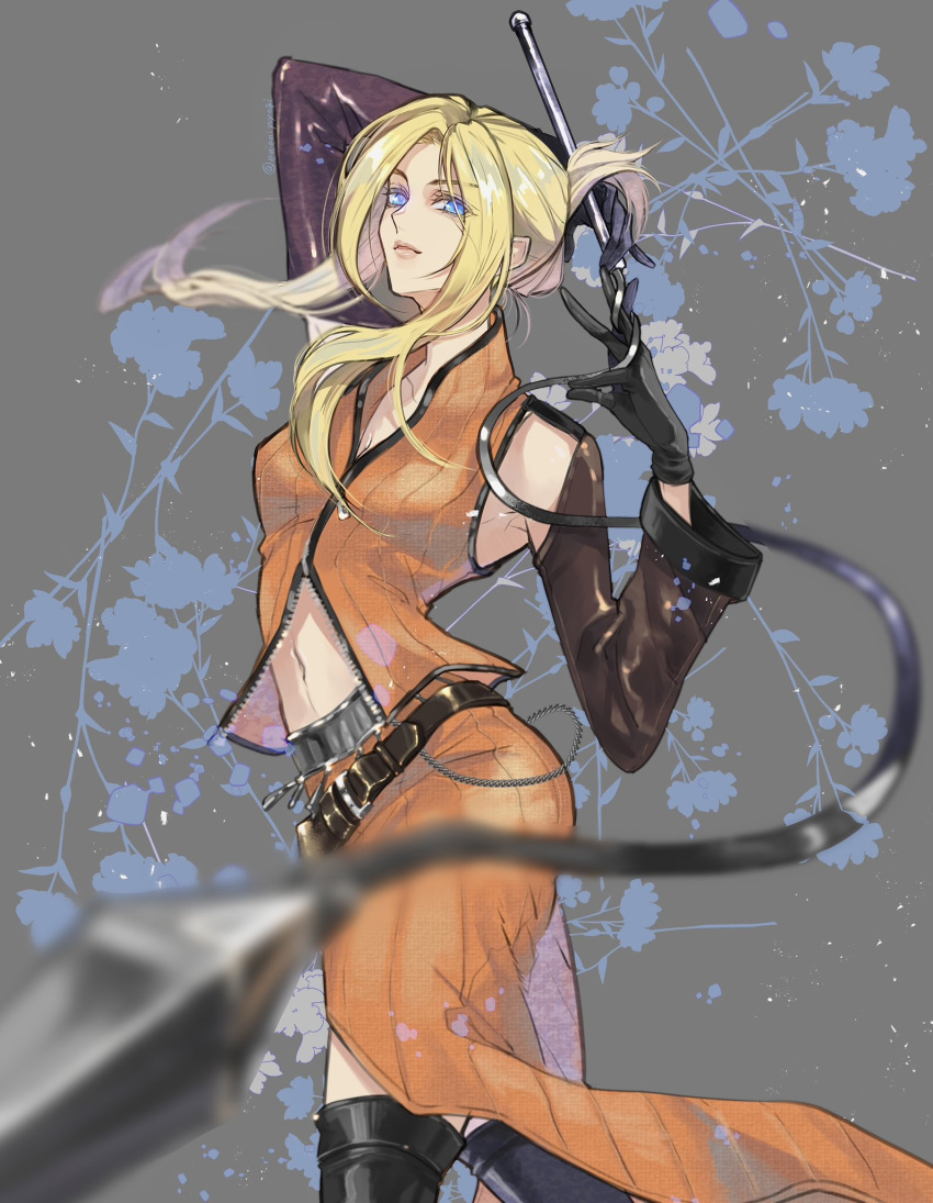 1girl arm_up belt black_belt black_footwear black_gloves blonde_hair blue_eyes blurry boots clothing_cutout commentary_request depth_of_field detached_sleeves eni_(yoyogieni) expressionless final_fantasy final_fantasy_viii flower gloves grey_background hair_bun hands_up highres holding holding_whip lips long_hair looking_at_viewer navel orange_skirt orange_vest parted_bangs quistis_trepe sidelocks silhouette skirt solo stomach_cutout thigh_boots upper_body vest