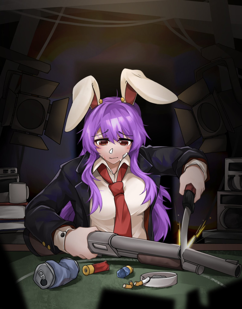 1girl animal_ears blurry blurry_foreground can cigarette commentary english_commentary gun highres indoors long_hair long_sleeves necktie purple_hair rabbit_ears rabbit_girl red_eyes red_necktie reisen_udongein_inaba solo statisticstater touhou upper_body weapon