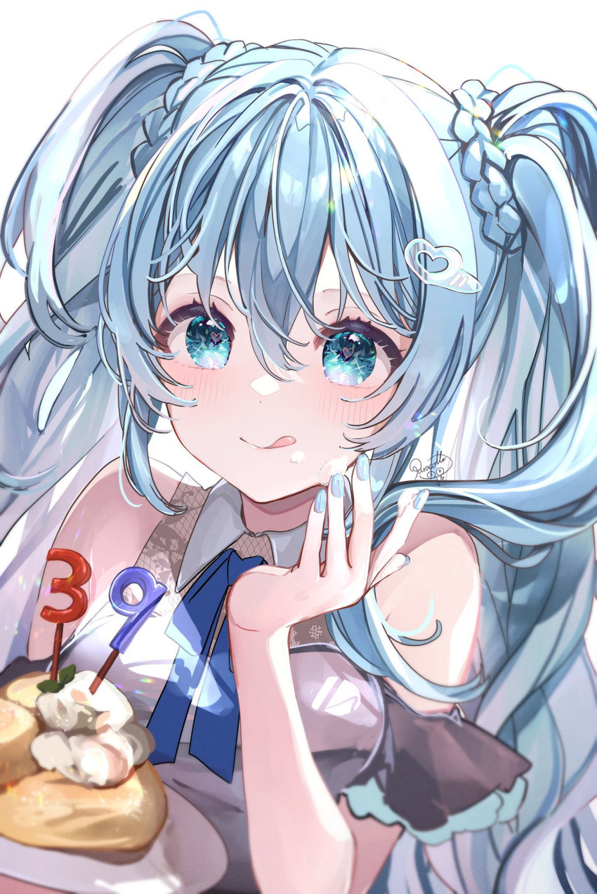 1girl 39 :q blue_eyes blue_hair blue_nails blue_ribbon blush candle closed_mouth collared_shirt dot_nose hair_between_eyes hair_ornament hairclip hatsune_miku heart heart_in_eye highres long_hair looking_at_viewer nail_polish neck_ribbon portrait puracotte ribbon shirt sidelocks signature simple_background sleeveless sleeveless_shirt smile solo symbol_in_eye tongue tongue_out twintails vocaloid white_background white_shirt