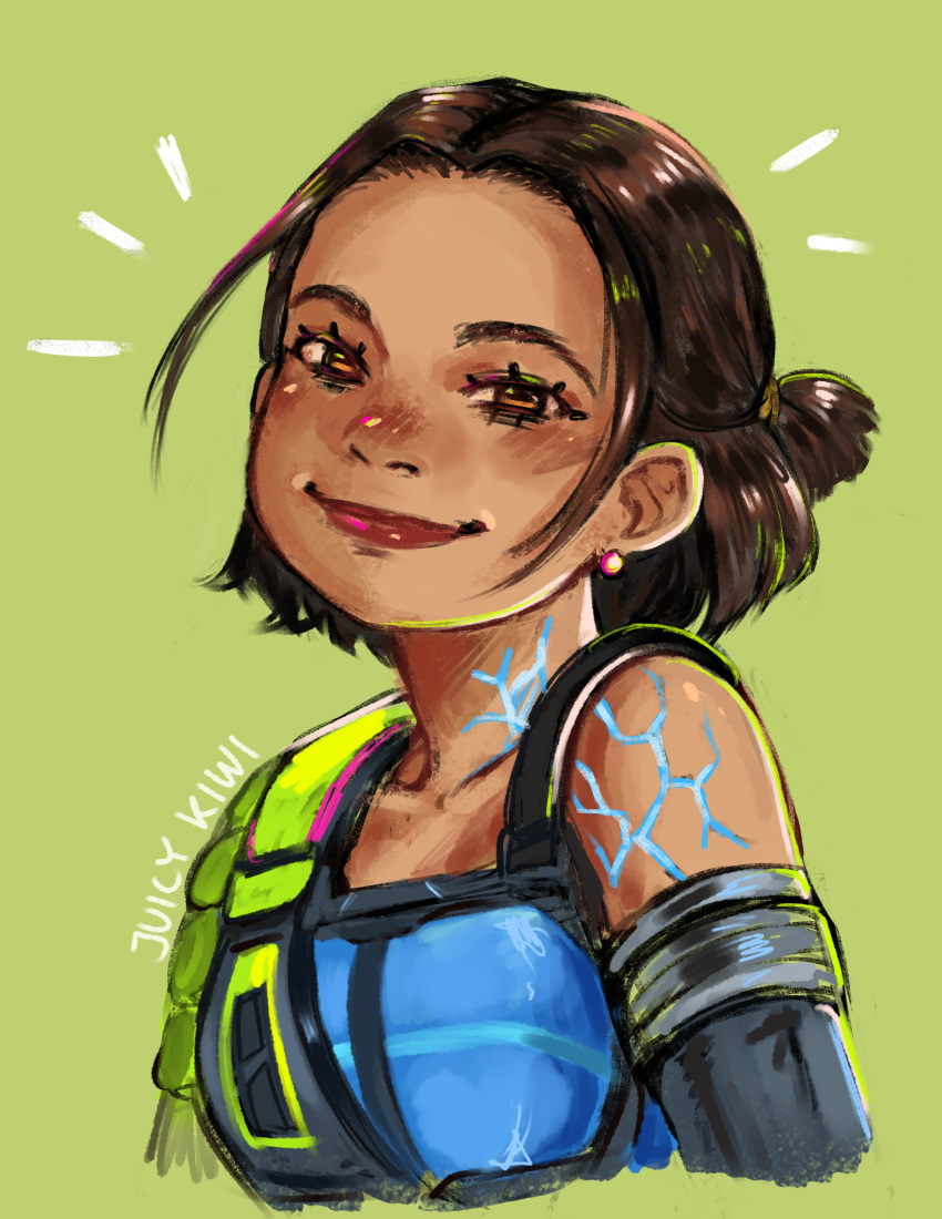 1girl absurdres apex_legends black_gloves blue_shirt brown_eyes brown_hair character_name conduit_(apex_legends) dark-skinned_female dark_skin earrings elbow_gloves english_commentary gloves green_background hair_behind_ear highres jewelry looking_at_viewer notice_lines red_lips shirt short_hair simple_background smile solo wiki_(juicykiwi)