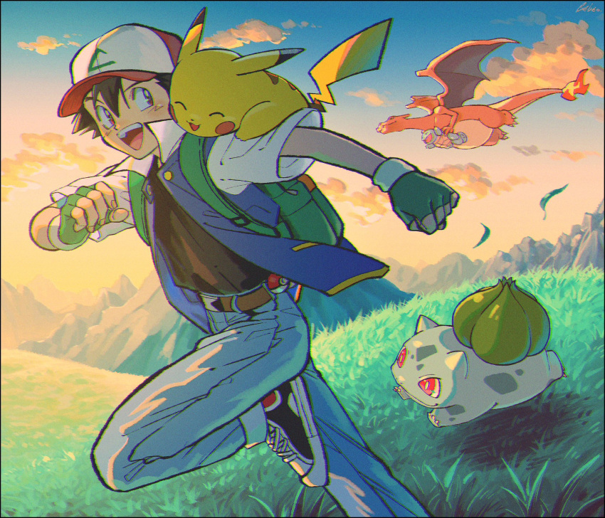 1boy ^_^ ash_ketchum backpack bag baseball_cap belt black_hair bulbasaur carrying charizard clenched_hand closed_eyes clouds dark_skin fiery_tail fingerless_gloves gloves grass green_gloves hair_between_eyes hat highres kwsby_124 leg_up male_focus mountain open_mouth outdoors pants pikachu poke_ball poke_ball_(basic) pokemon pokemon_(anime) pokemon_(classic_anime) pokemon_(creature) red_eyes running shirt shoes signature sky squirtle tail wings